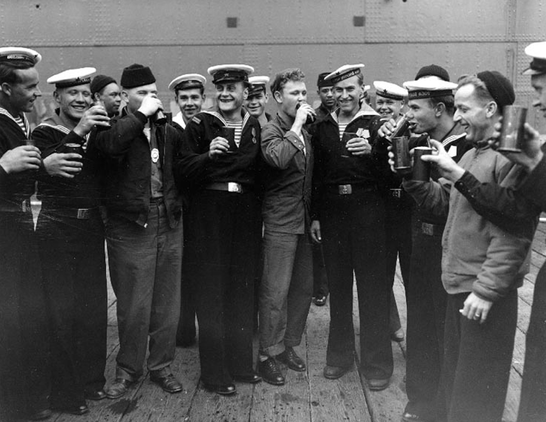 US and Soviet sailors and seamen celebrating V-J Day 